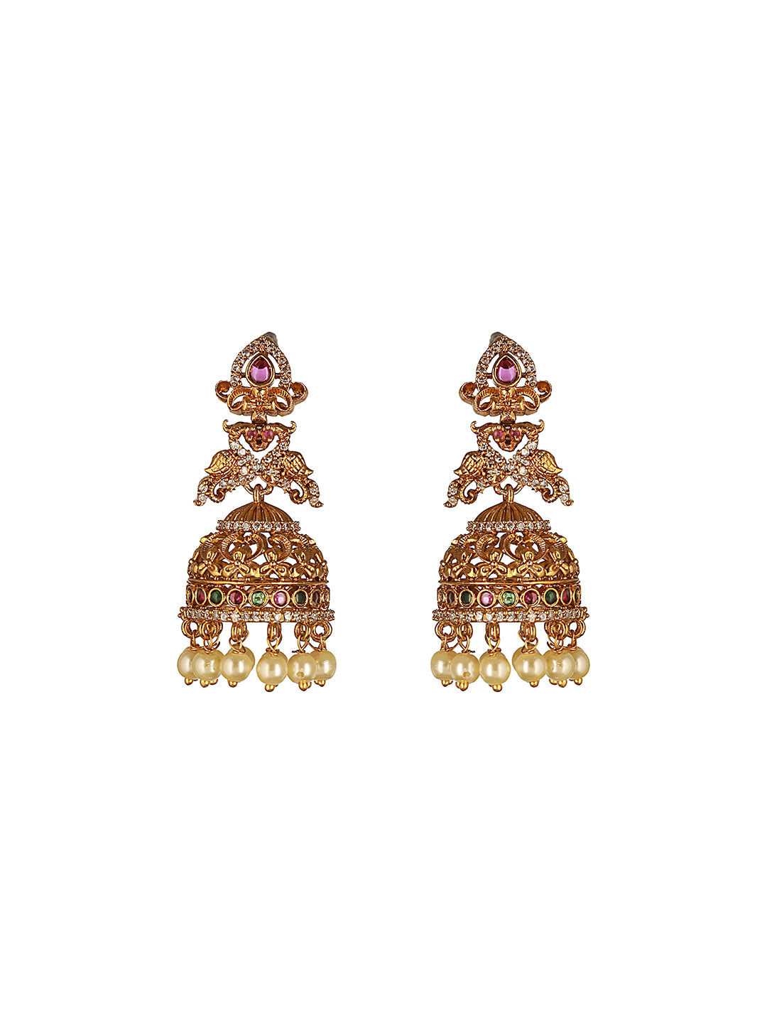 Gold Toned Red Kempo Studded Peacock Temple bridal Jhumka Earrings