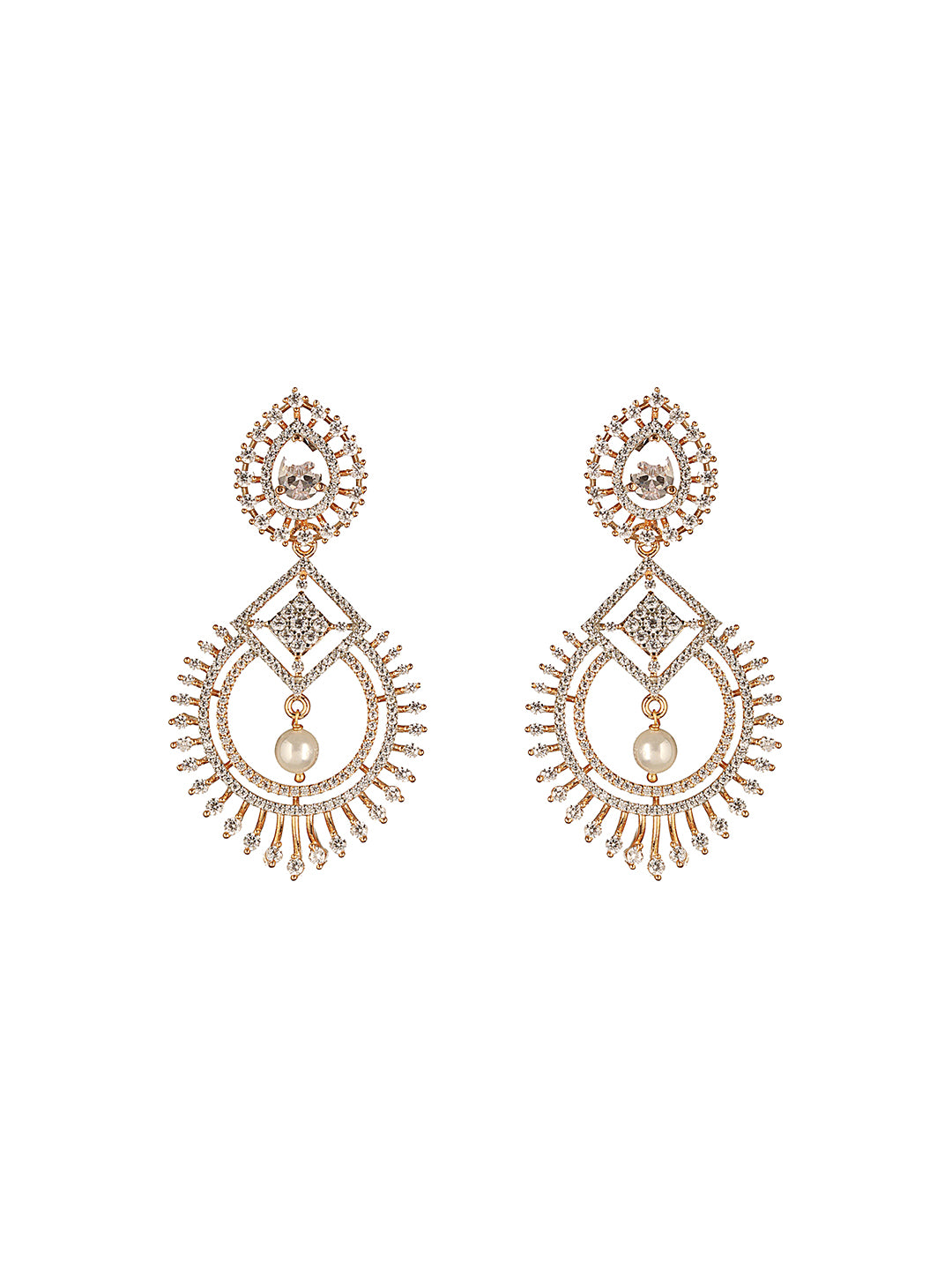 Gold Toned AD Zircon Studded Pearl Beaded Designer Chandbali earrings