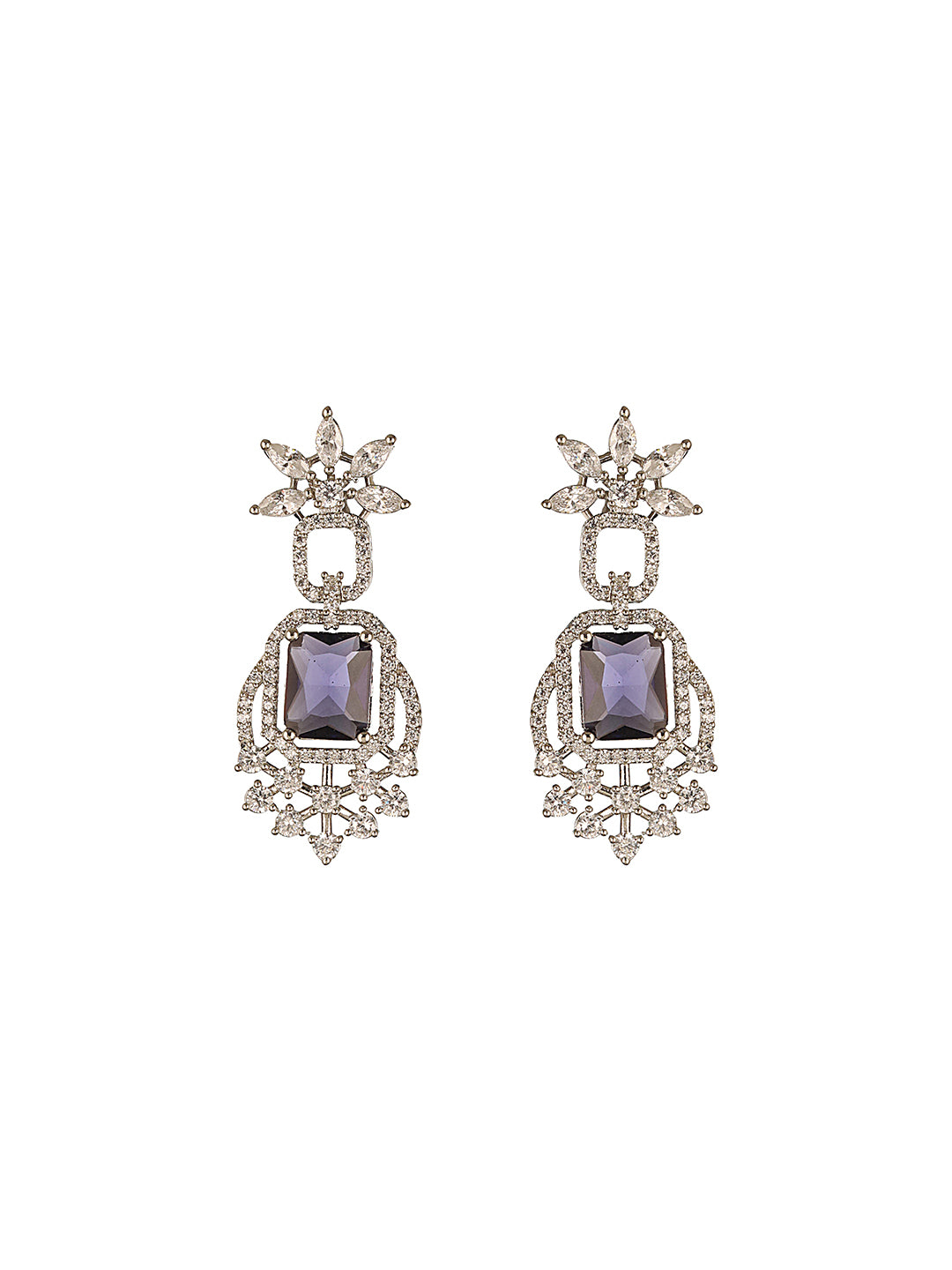 Silver Toned Purple Blue AD Zirconia Studded Floral Designer necklace Jewellery Set