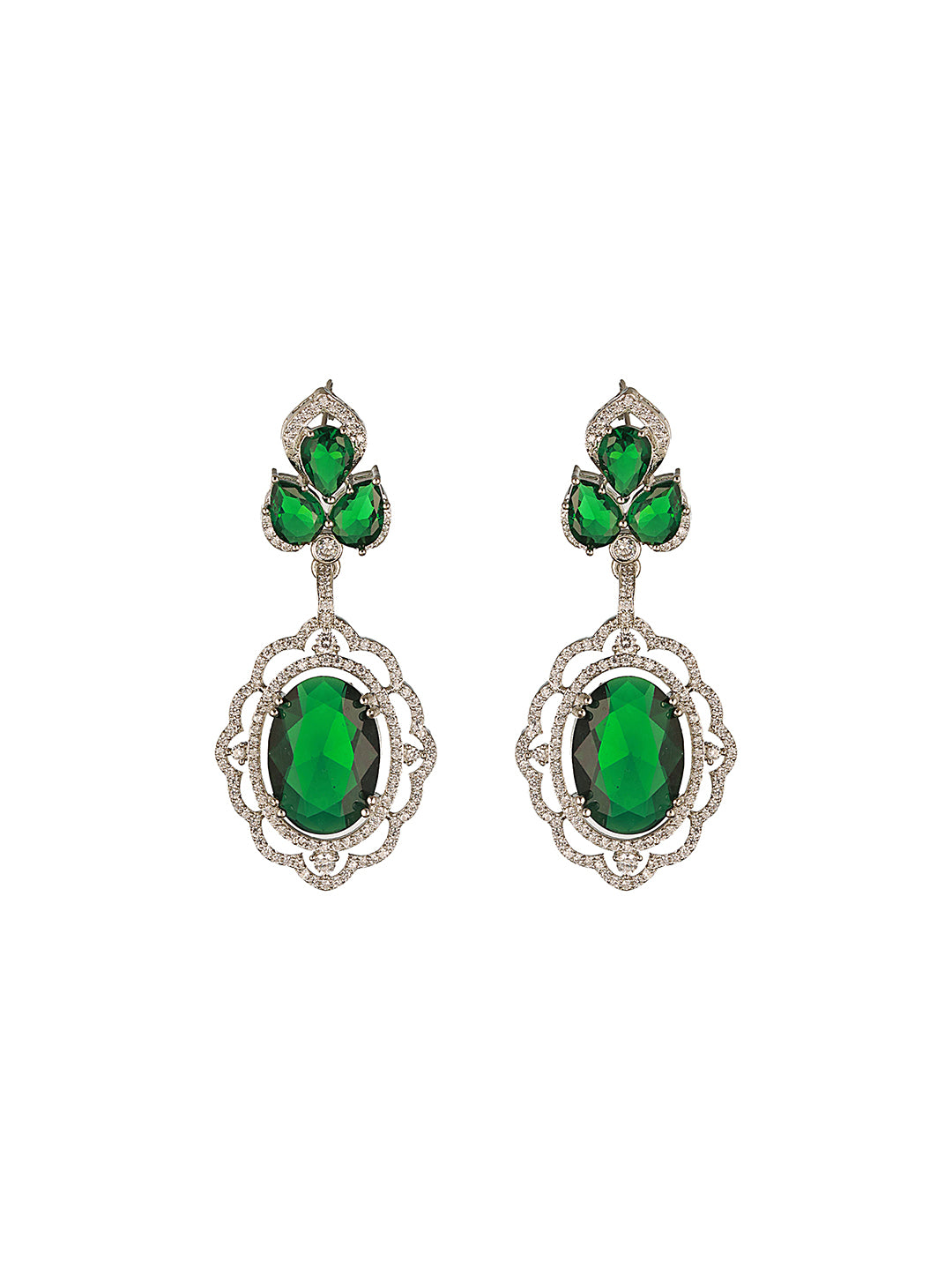 Silver Rhodium Plated Emerald Green Cubic Zirconia  Designer Bridal  Pendant Jewellery Set