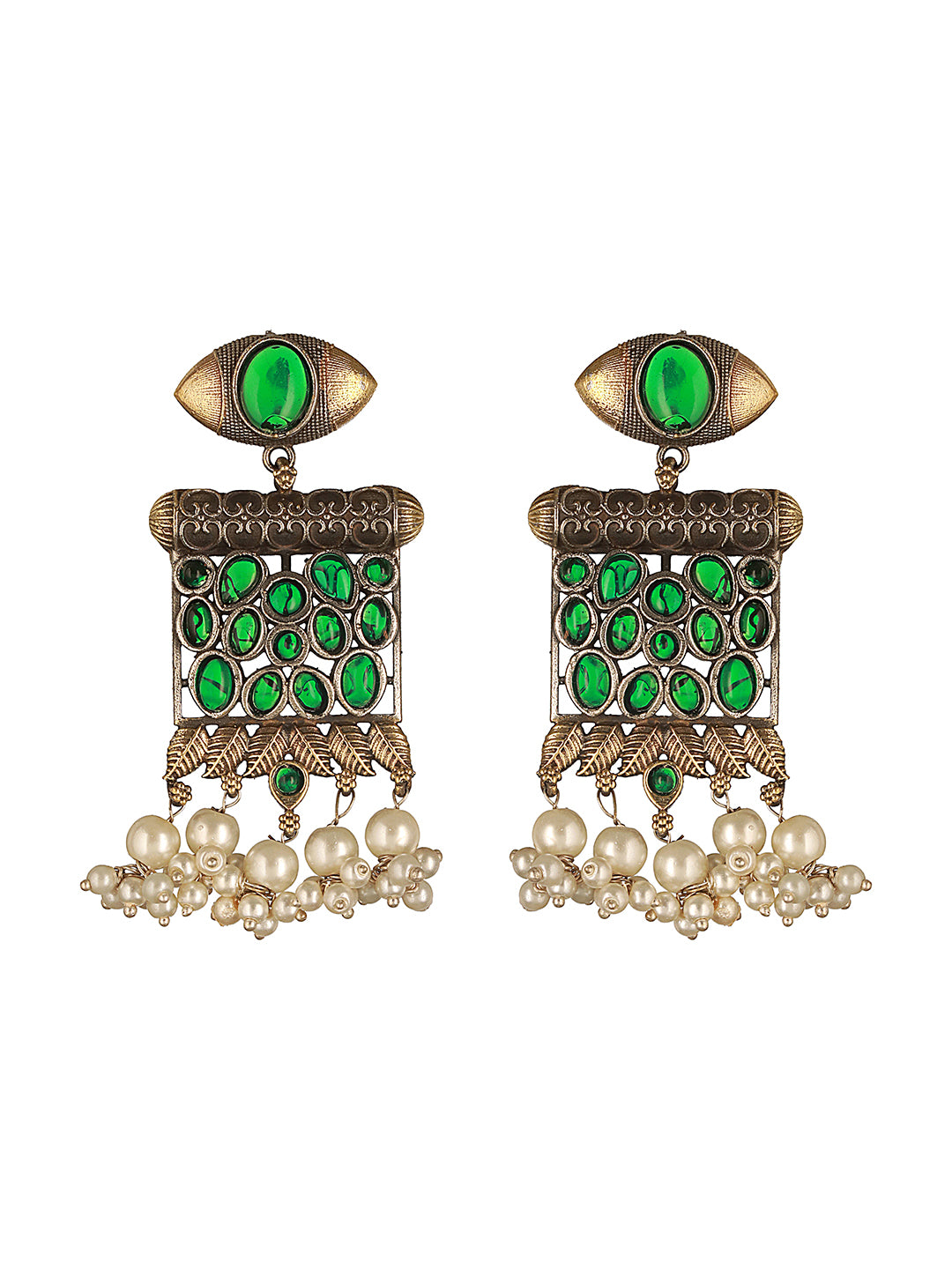 Silver Oxidised Dual Toned Green Stone & Pearl Beaded Designer Tribal Hasli Necklace Jewellery Set