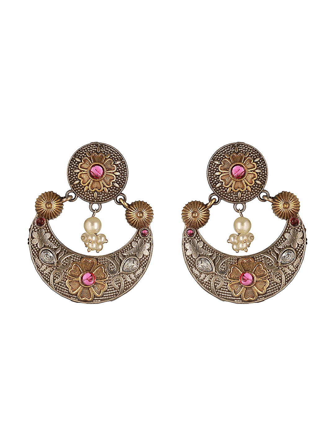 Dual Toned Oxidised Silver Lookalike Floral Tribal Hasli With Chandbali Jewellery Set