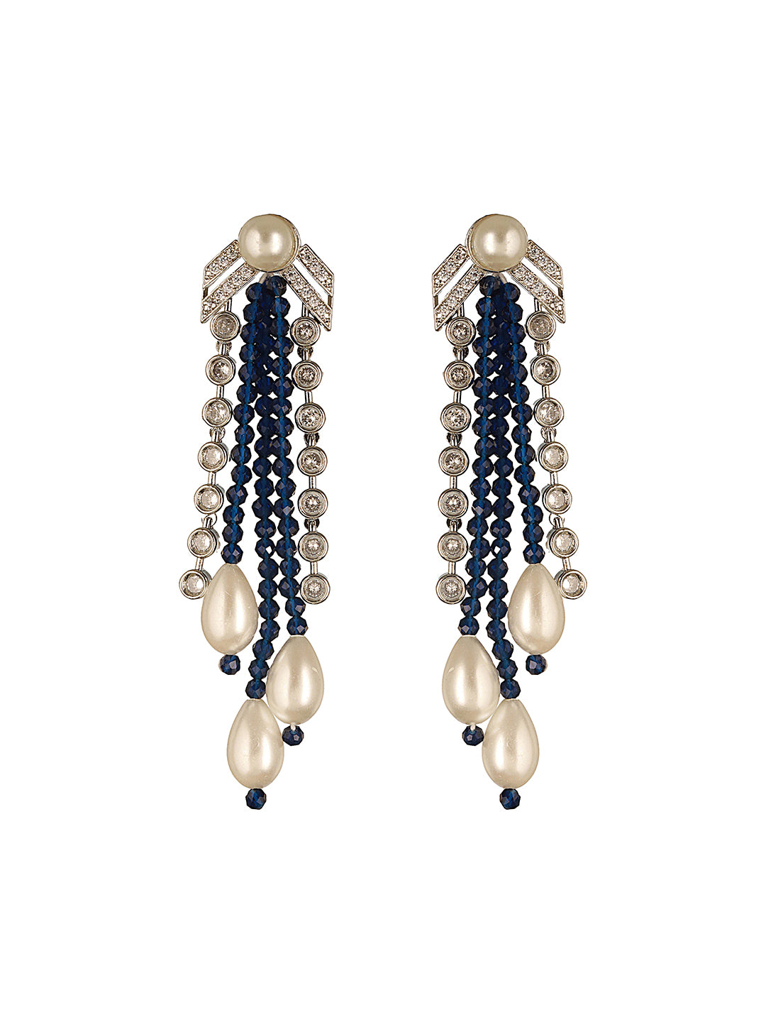 Silver Rhodium Plated Blue & White Pearls Multilayered Designer Maala Jewellery Set