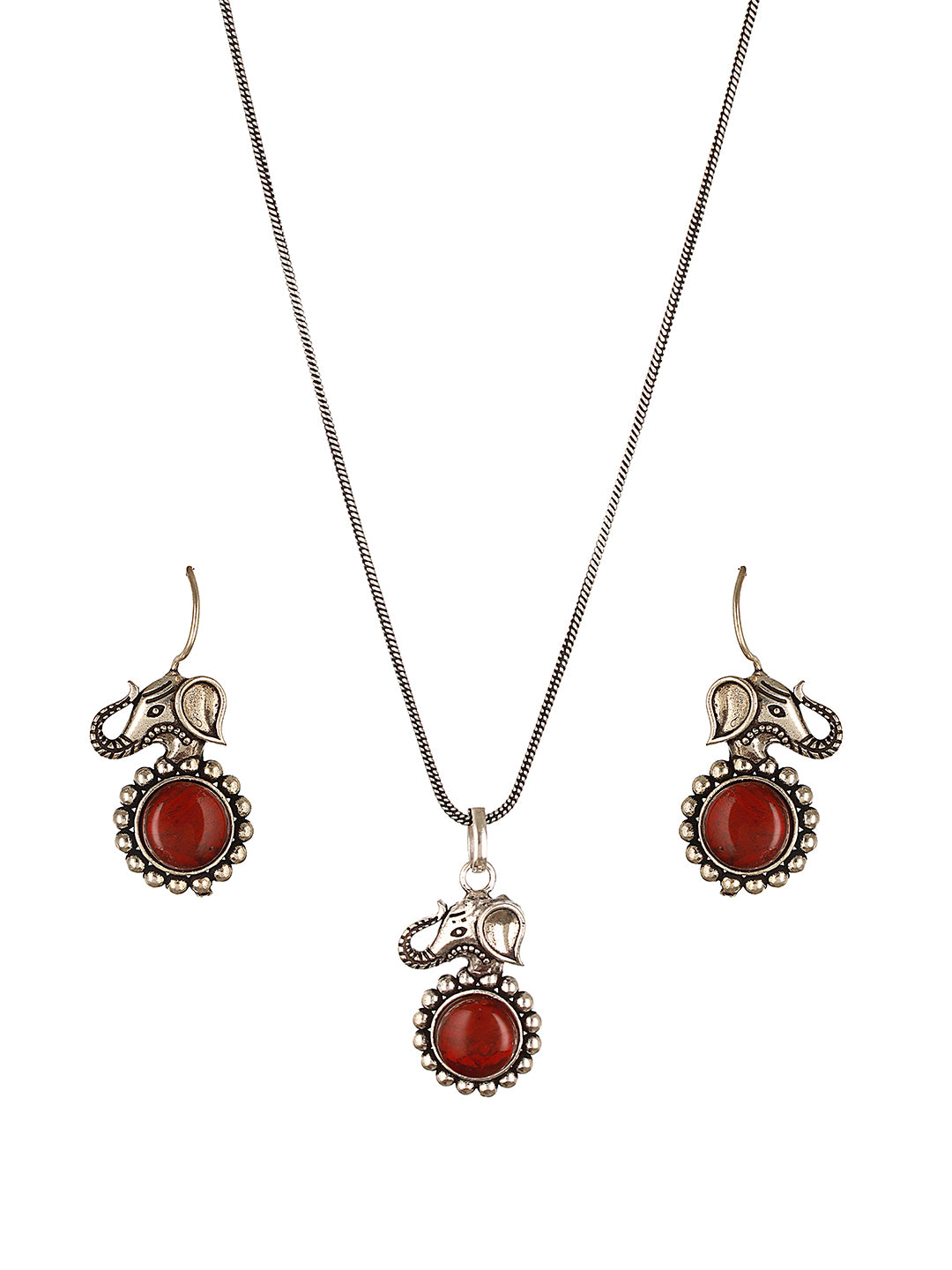Silver Oxidised Toned Red Ruby Minimal Elephant Motif Fish Hook Earrings Pendant Jewellery Set