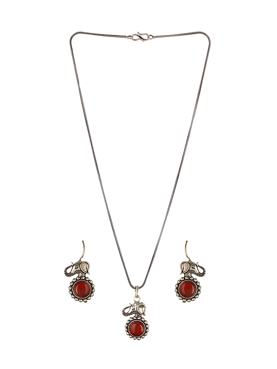Silver Oxidised Toned Red Ruby Minimal Elephant Motif Fish Hook Earrings Pendant Jewellery Set