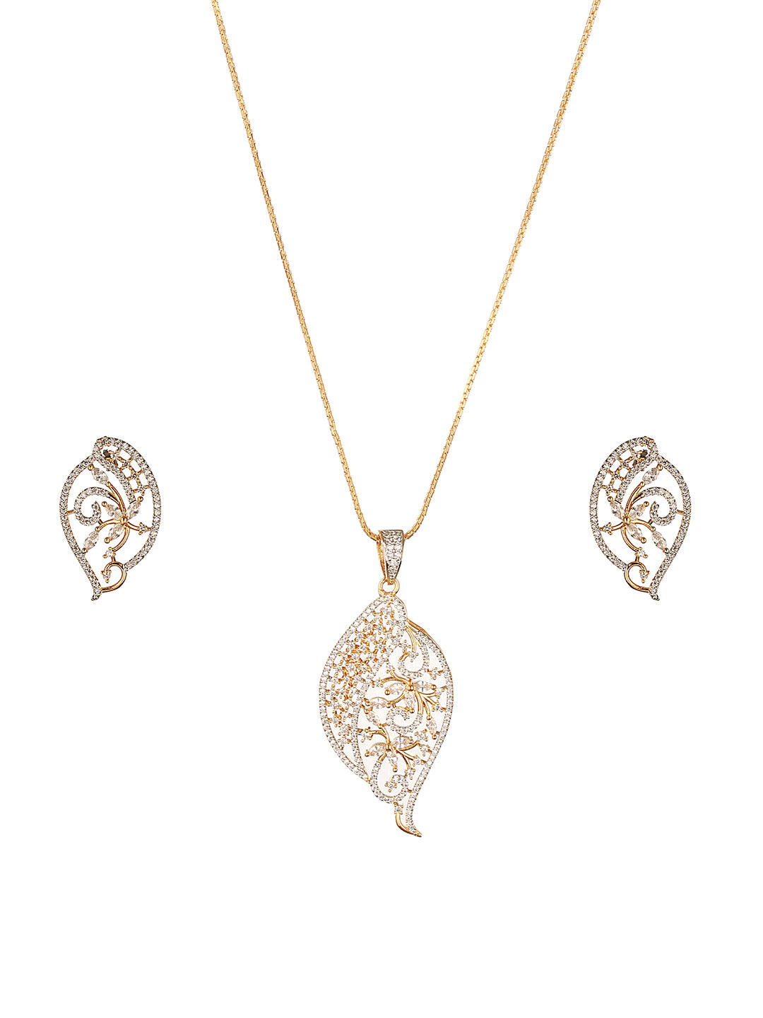Gold Toned AD Zircon Studded Designer Floral Pendant Necklace Jewellery Set