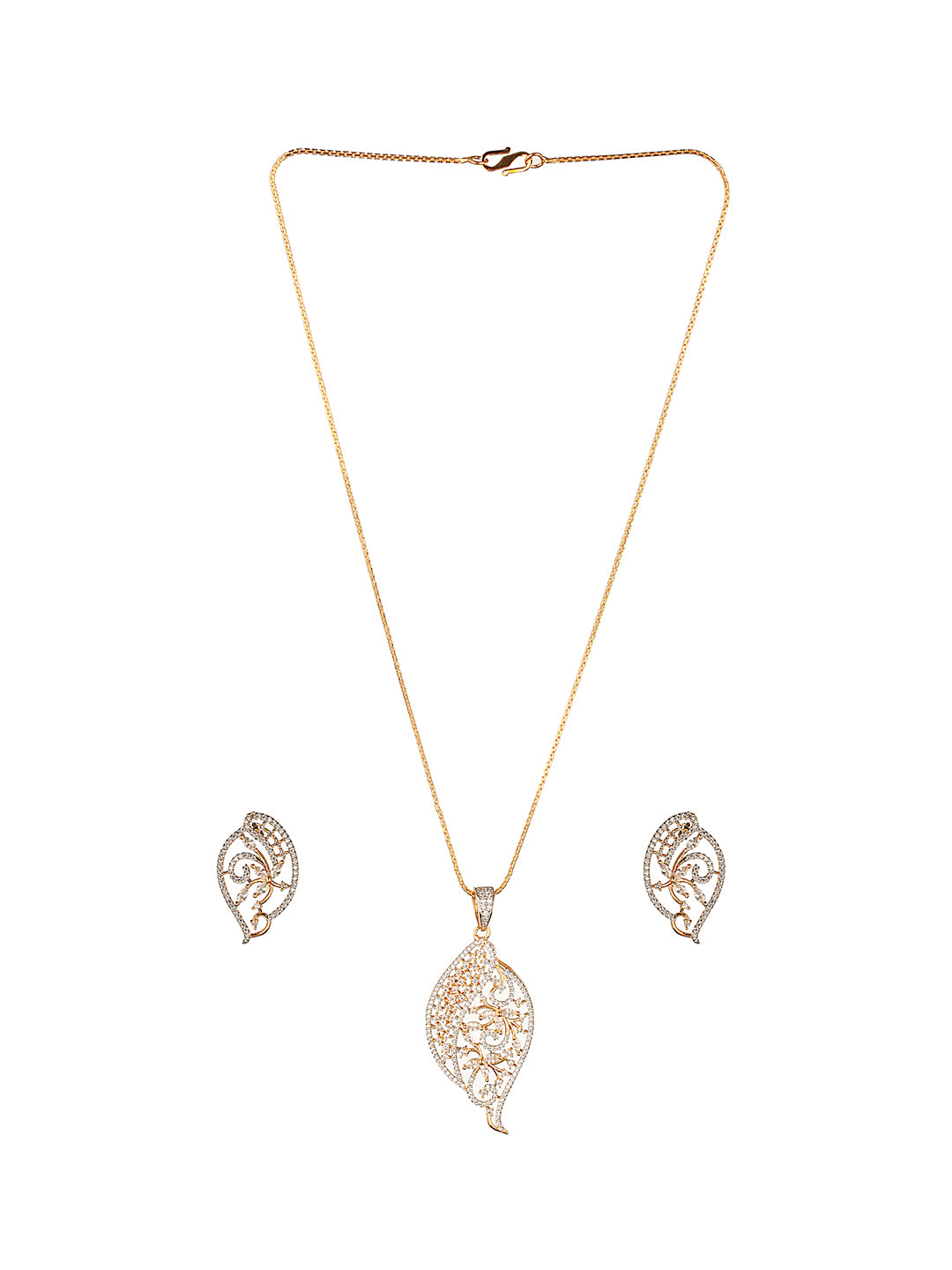 Gold Toned AD Zircon Studded Designer Floral Pendant Necklace Jewellery Set