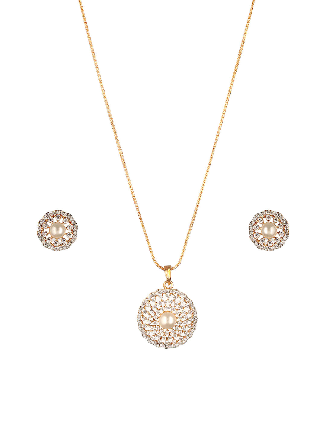 Gold Toned AD Zircon Studded Pearl Beaded Designer Pendant Chain Jewellery Set