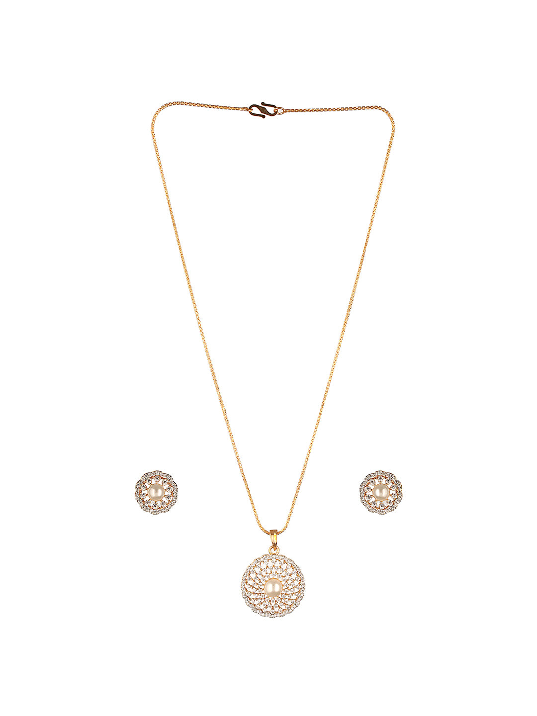 Gold Toned AD Zircon Studded Pearl Beaded Designer Pendant Chain Jewellery Set