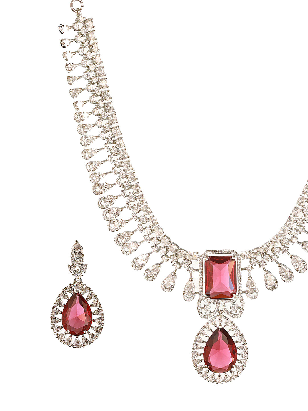 Silver Toned Rhodium Ruby Red AD Zircon Studded Designer Bridal Jewellery Set