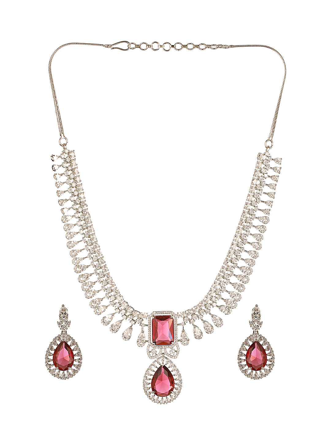 Silver Toned Rhodium Ruby Red AD Zircon Studded Designer Bridal Jewellery Set