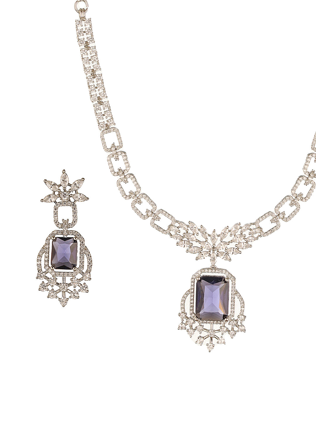 Silver Toned Purple Blue AD Zirconia Studded Floral Designer necklace Jewellery Set