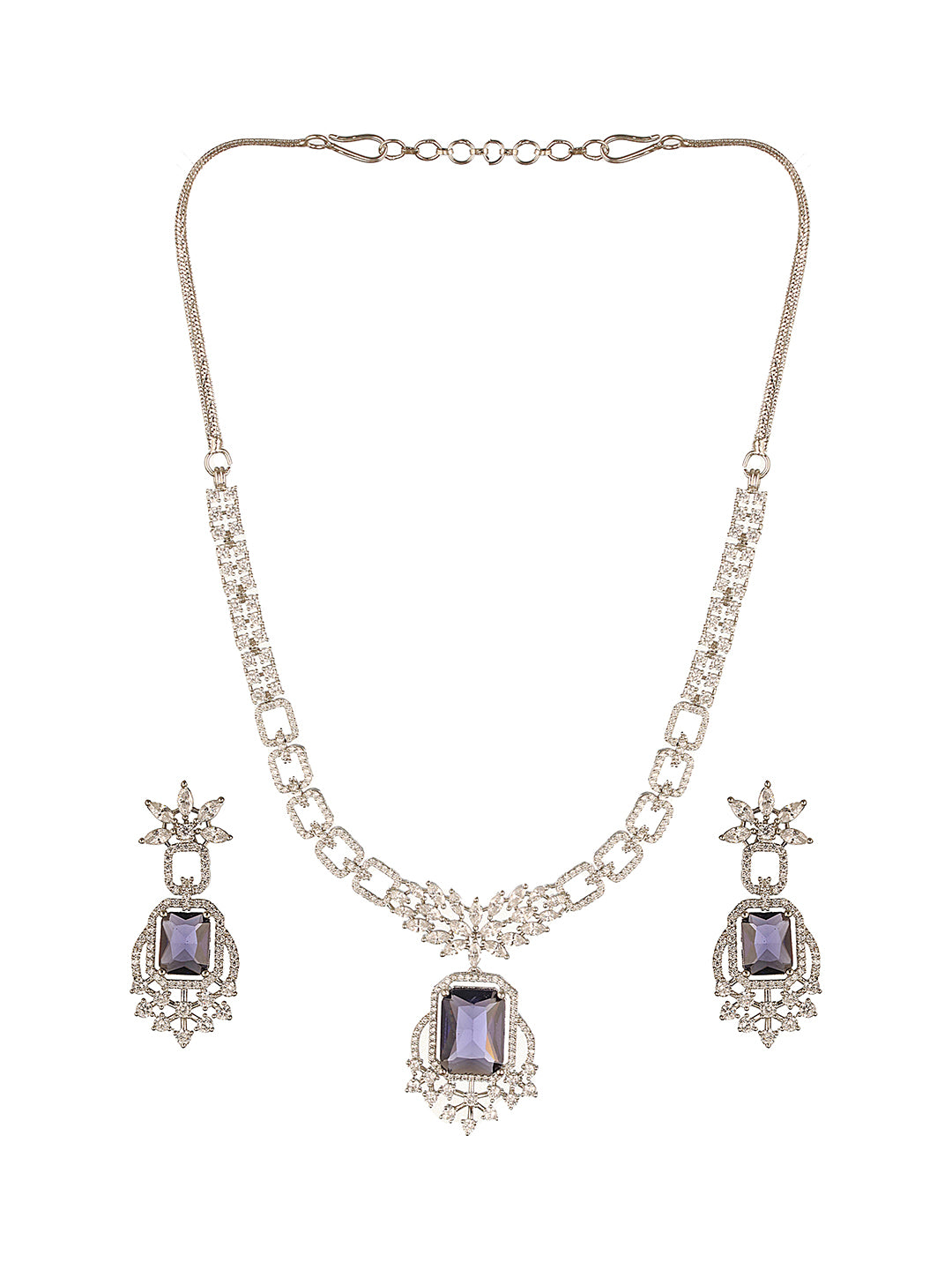 Silver Toned Purple Blue AD Zirconia Studded Floral Designer necklace Jewellery Set