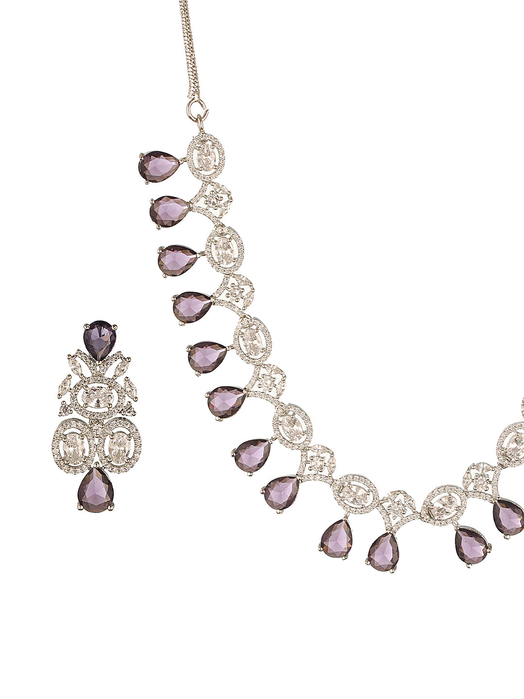 Silver Toned Rhodium Plated Amethyst AD Zirconia Studded Charms Designer Minimal Jewellery Set