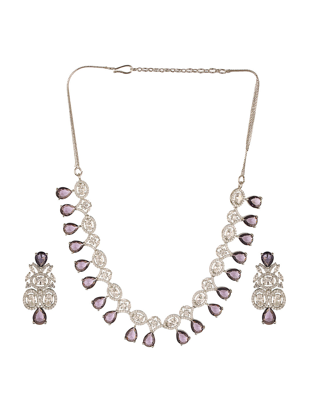 Silver Toned Rhodium Plated Amethyst AD Zirconia Studded Charms Designer Minimal Jewellery Set