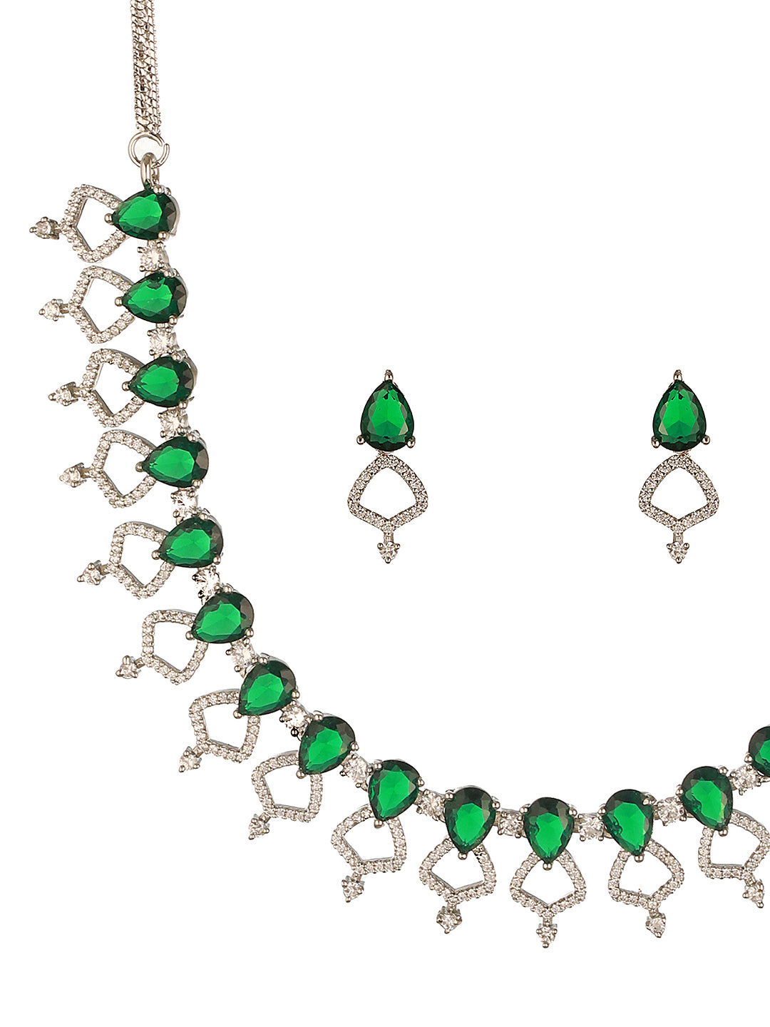 Silver Toned Rhodium Plated Emerald Green AD Studded Designer Jeellery Set