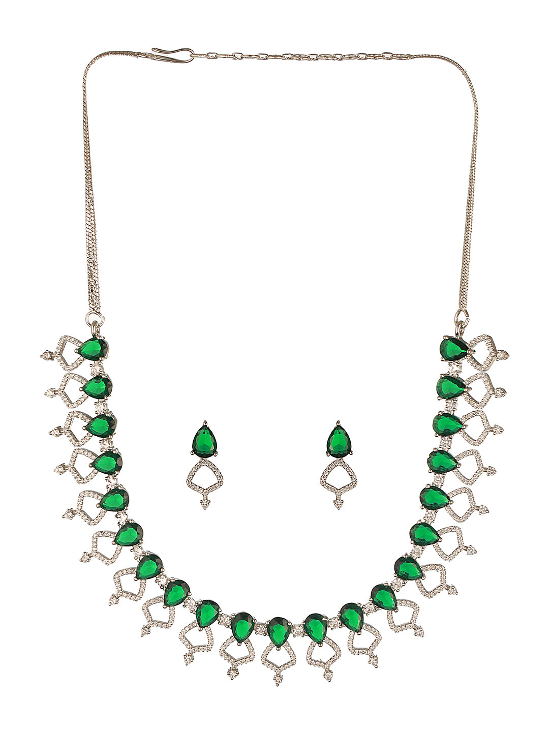 Silver Toned Rhodium Plated Emerald Green AD Studded Designer Jeellery Set