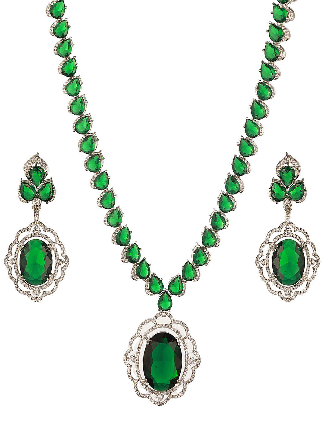 Silver Rhodium Plated Emerald Green Cubic Zirconia  Designer Bridal  Pendant Jewellery Set