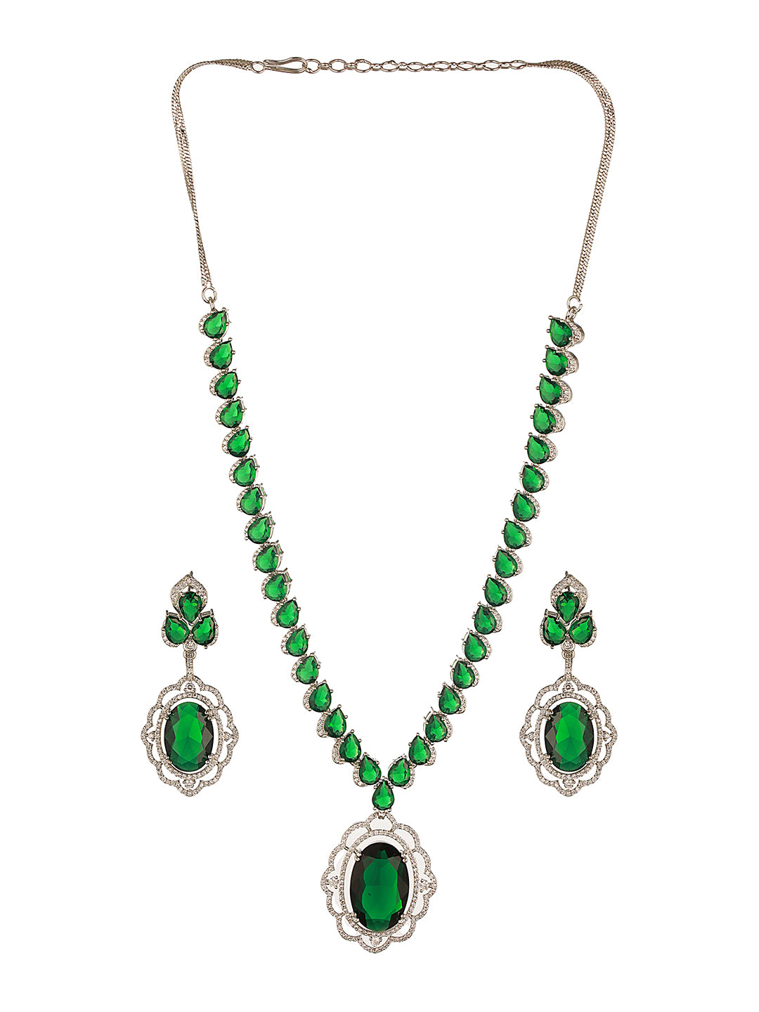 Silver Rhodium Plated Emerald Green Cubic Zirconia  Designer Bridal  Pendant Jewellery Set