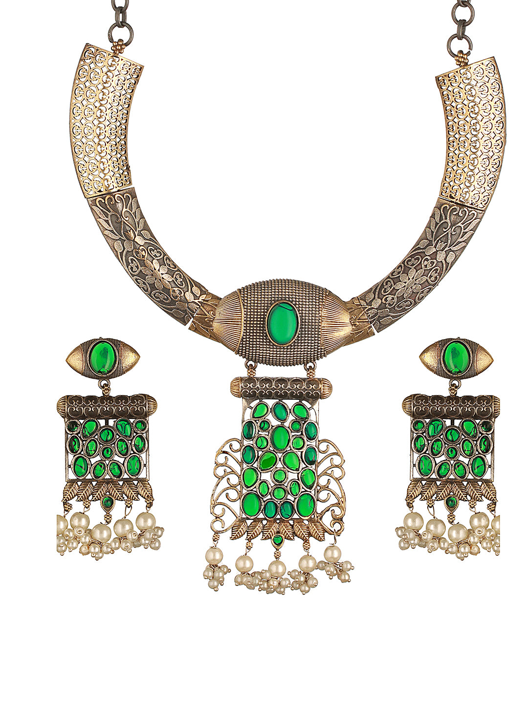 Silver Oxidised Dual Toned Green Stone & Pearl Beaded Designer Tribal Hasli Necklace Jewellery Set