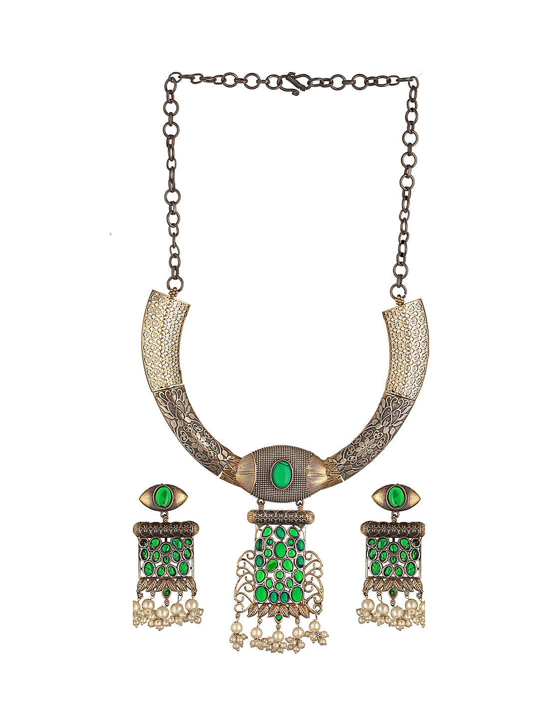 Silver Oxidised Dual Toned Green Stone & Pearl Beaded Designer Tribal Hasli Necklace Jewellery Set