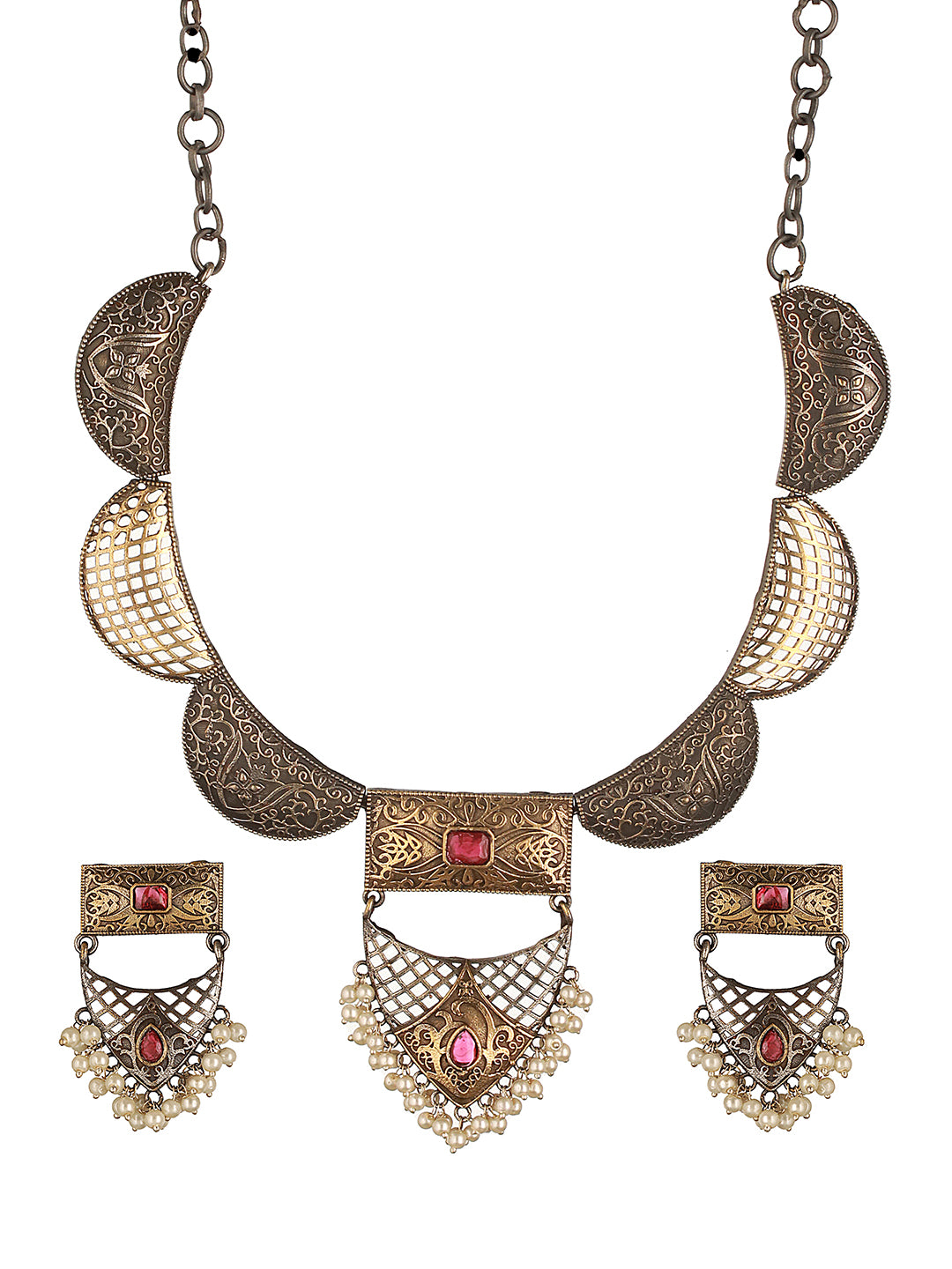 Silver Oxidised Dual Toned Red Stone & Pearl Beaded Filigree Designer Fusion Hasli Necklace Jewellery Set