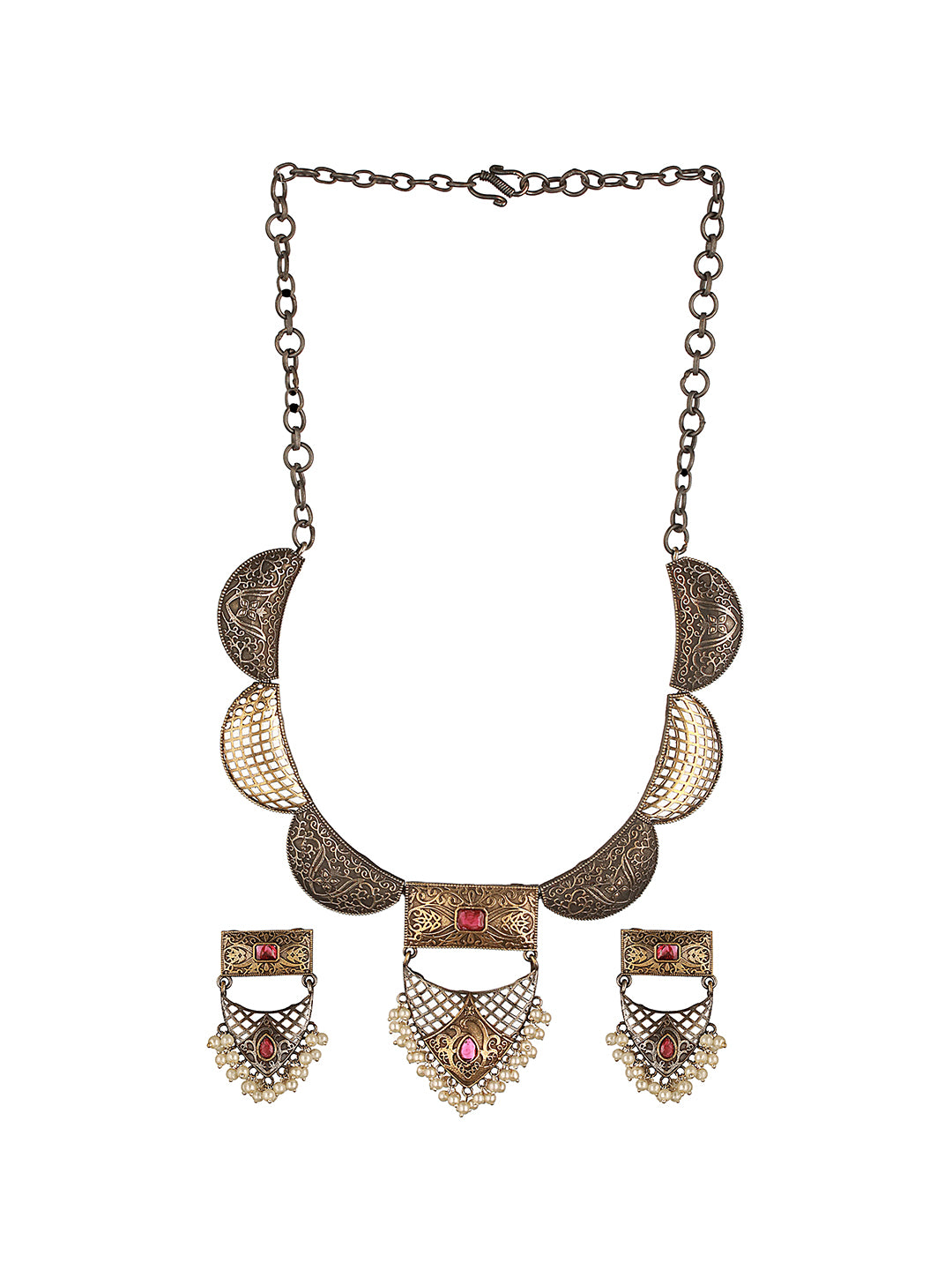 Silver Oxidised Dual Toned Red Stone & Pearl Beaded Filigree Designer Fusion Hasli Necklace Jewellery Set