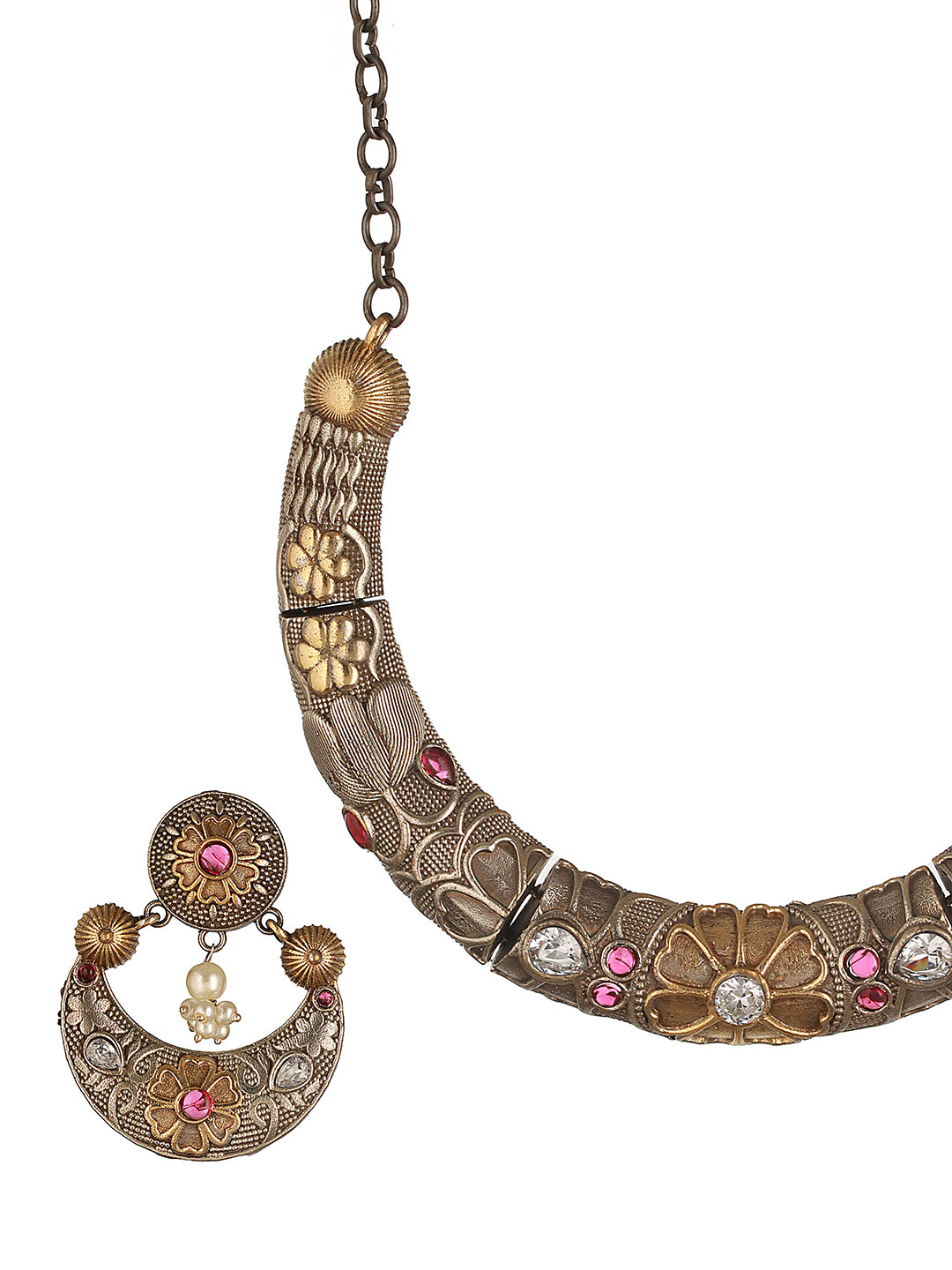 Dual Toned Oxidised Silver Lookalike Floral Tribal Hasli With Chandbali Jewellery Set