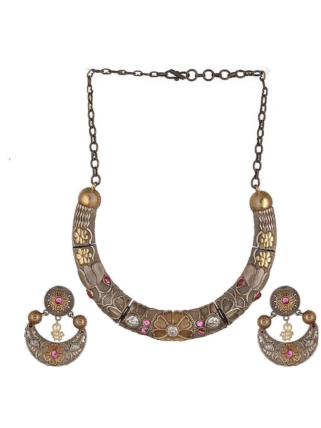 Dual Toned Oxidised Silver Lookalike Floral Tribal Hasli With Chandbali Jewellery Set