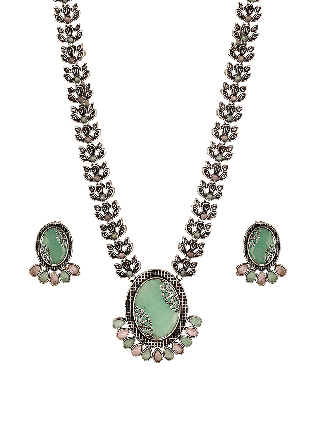 Silver Oxidised Mint Stone Studded Floral Designer Long Haram Necklace Jewellery Set