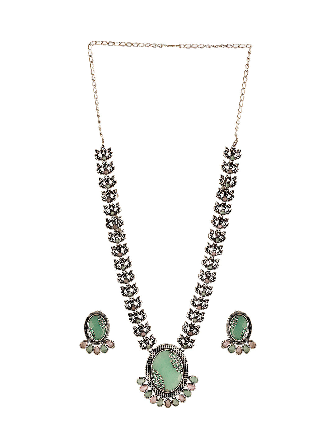 Silver Oxidised Mint Stone Studded Floral Designer Long Haram Necklace Jewellery Set