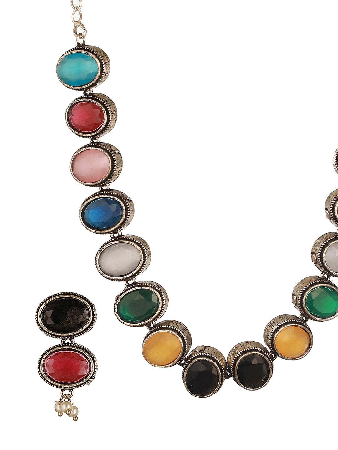 Silver Oxidised Nav Ratan Multicolored Minimal Tribal Necklace Jewellery Set