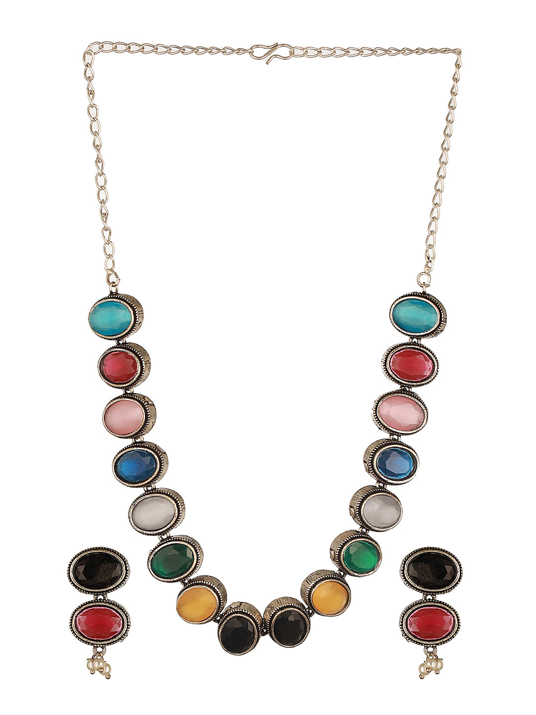 Silver Oxidised Nav Ratan Multicolored Minimal Tribal Necklace Jewellery Set