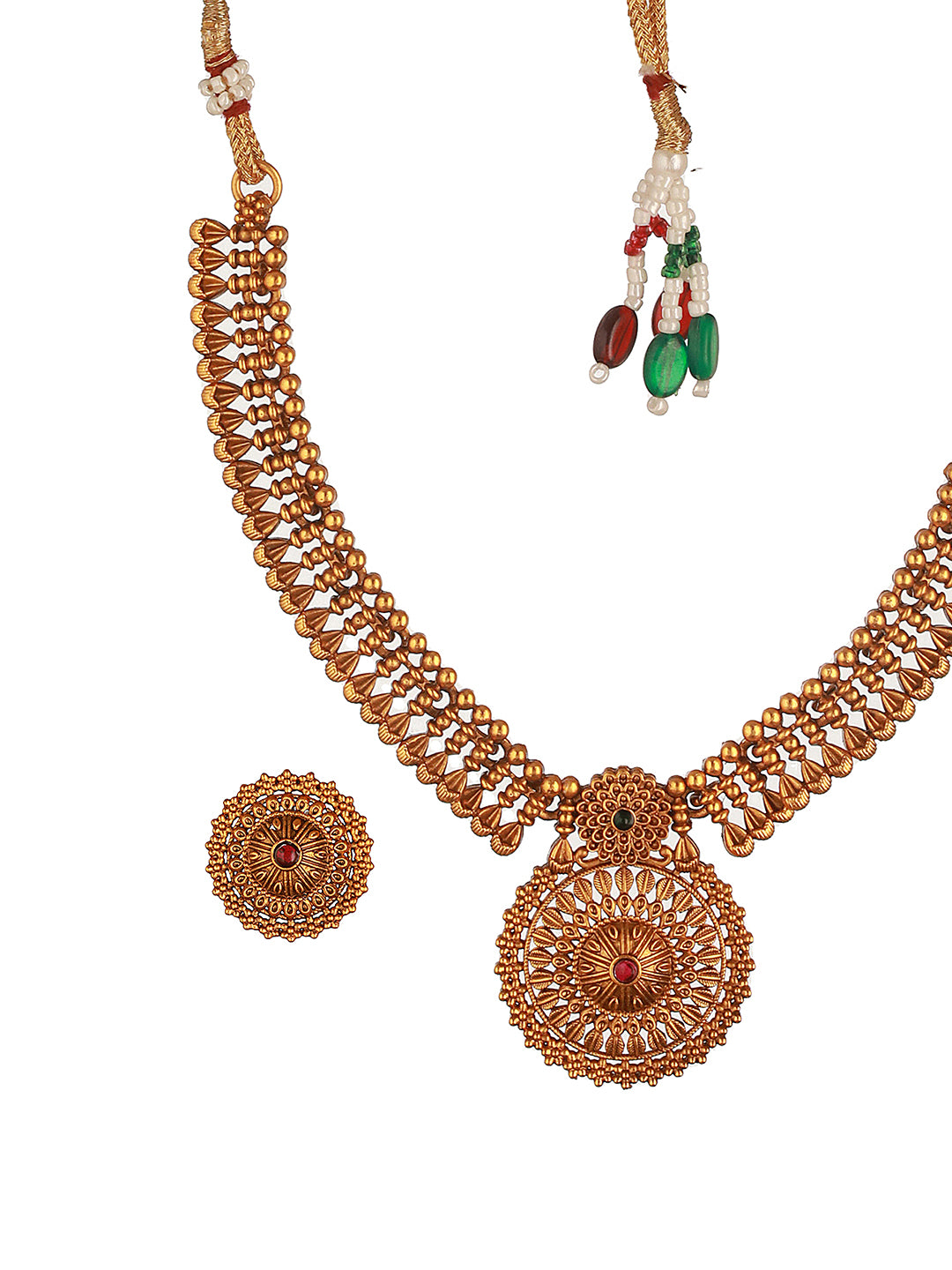 Antique Gold Plated Intricate Temple Floral Pendant Jewellery Set