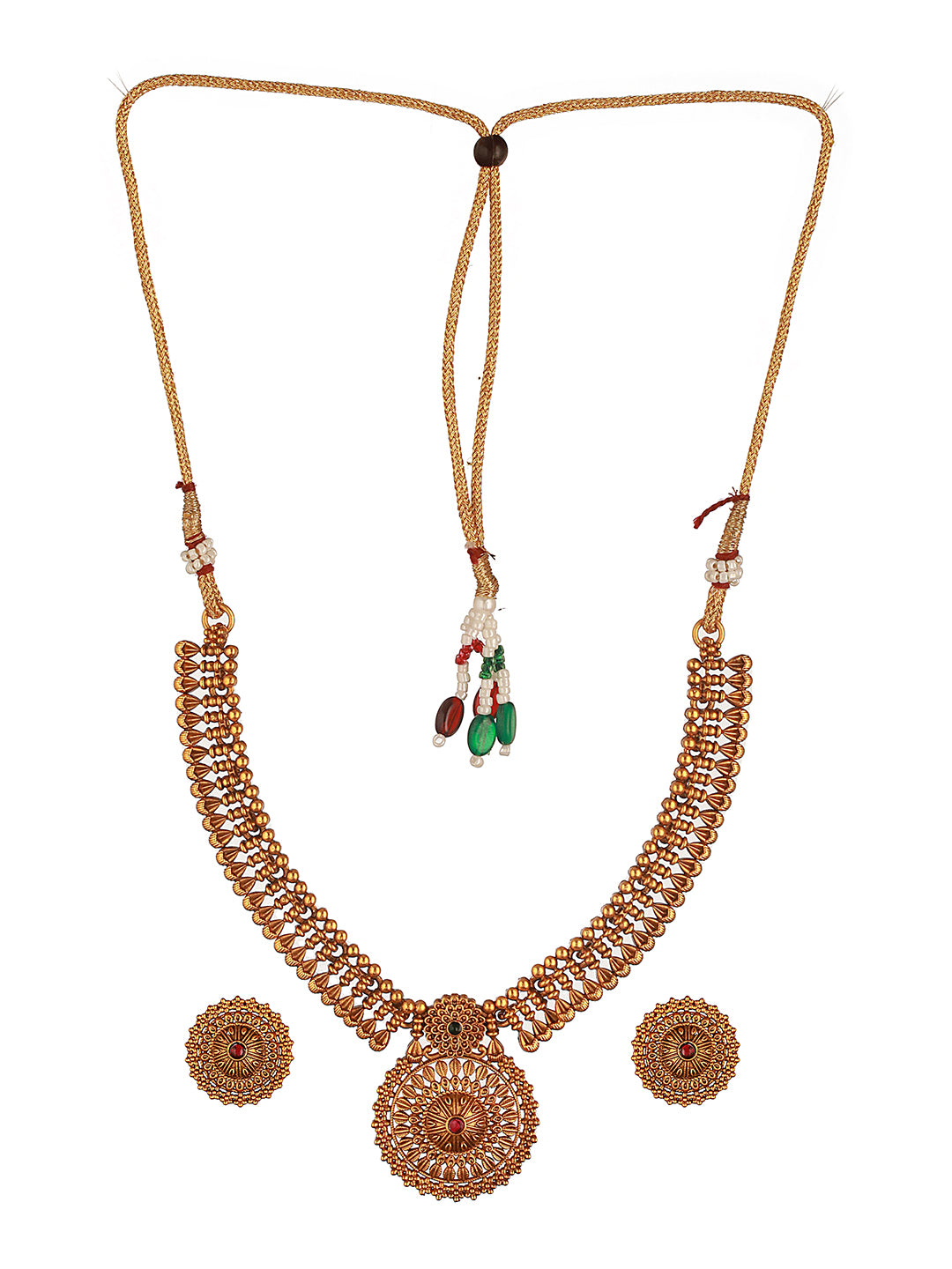 Antique Gold Plated Intricate Temple Floral Pendant Jewellery Set