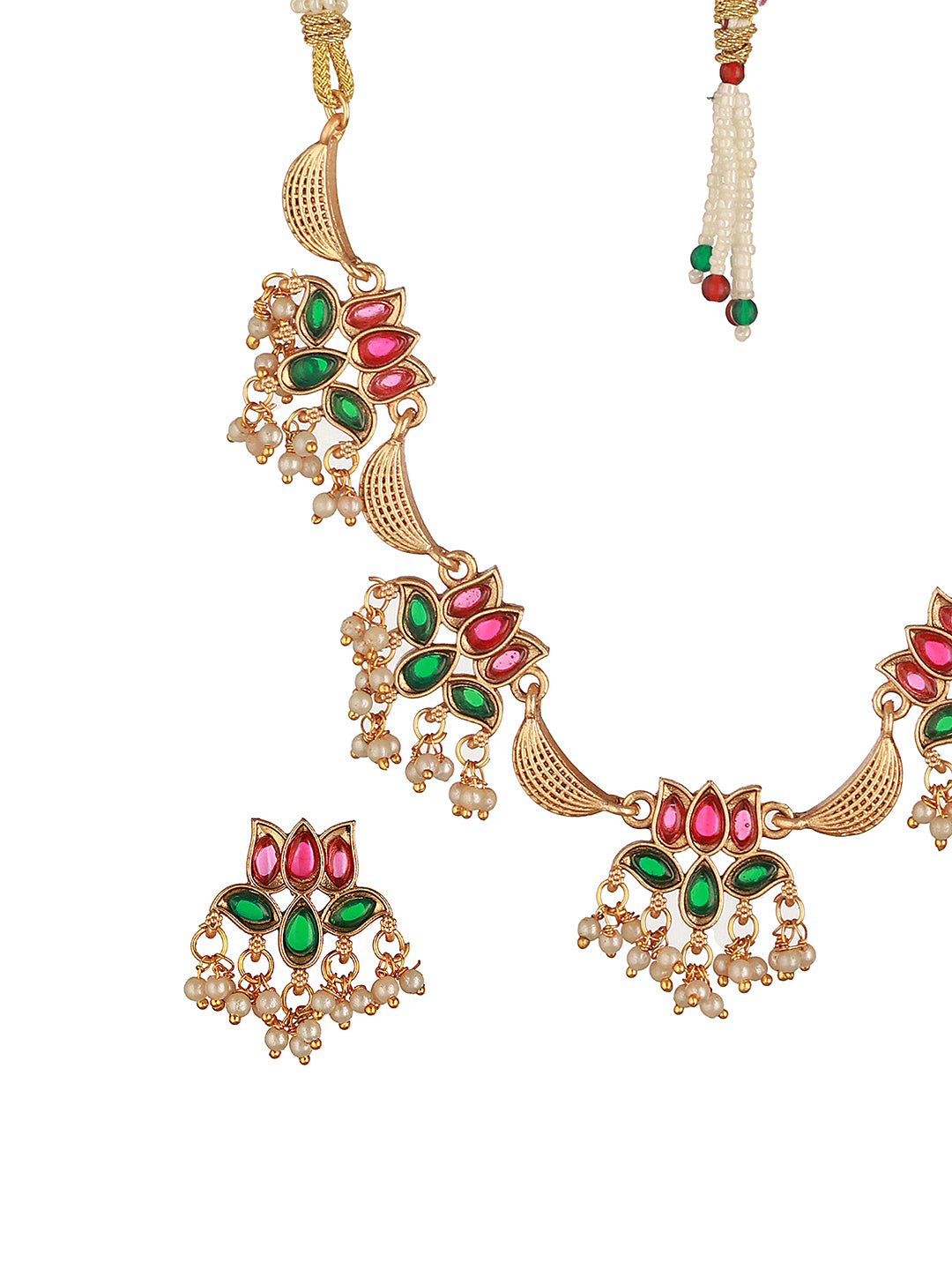 Gold Plated Red & Green Stone Studded Lotus Choker Jewellery Set