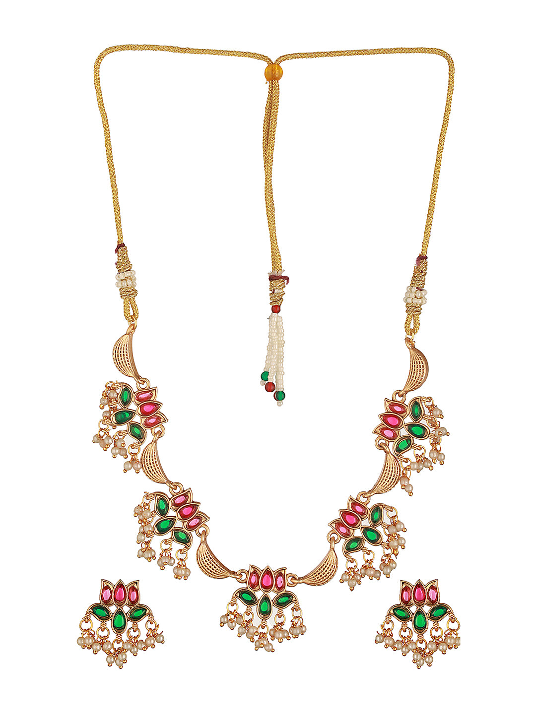 Gold Plated Red & Green Stone Studded Lotus Choker Jewellery Set