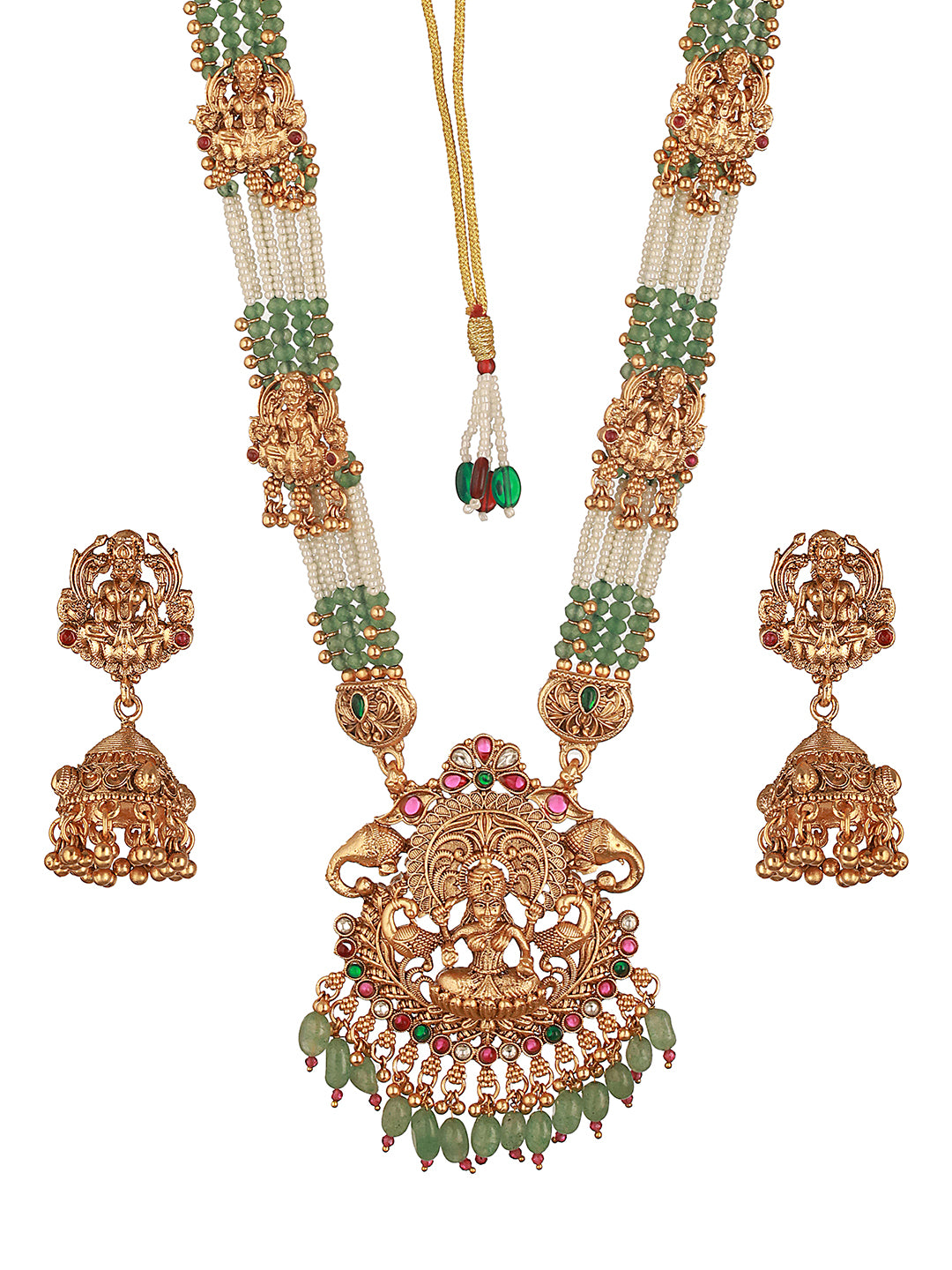 Gold Plated Green Pearl Beaded Lakshmi Motif Long haram Temple Jeellery Set