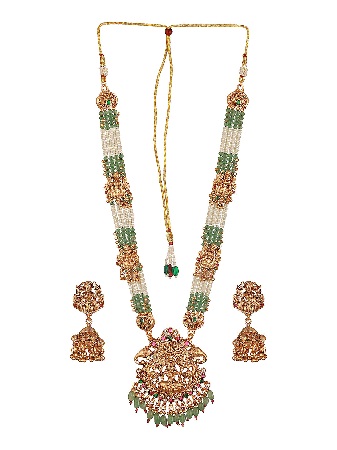Gold Plated Green Pearl Beaded Lakshmi Motif Long haram Temple Jeellery Set