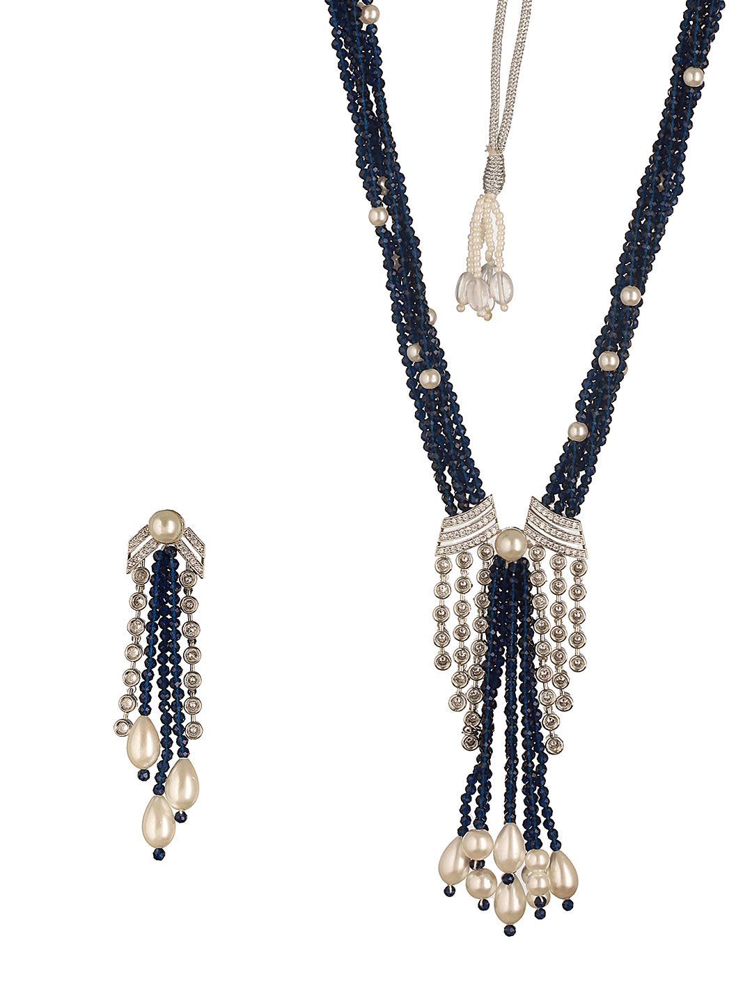 Silver Rhodium Plated Blue & White Pearls Multilayered Designer Maala Jewellery Set