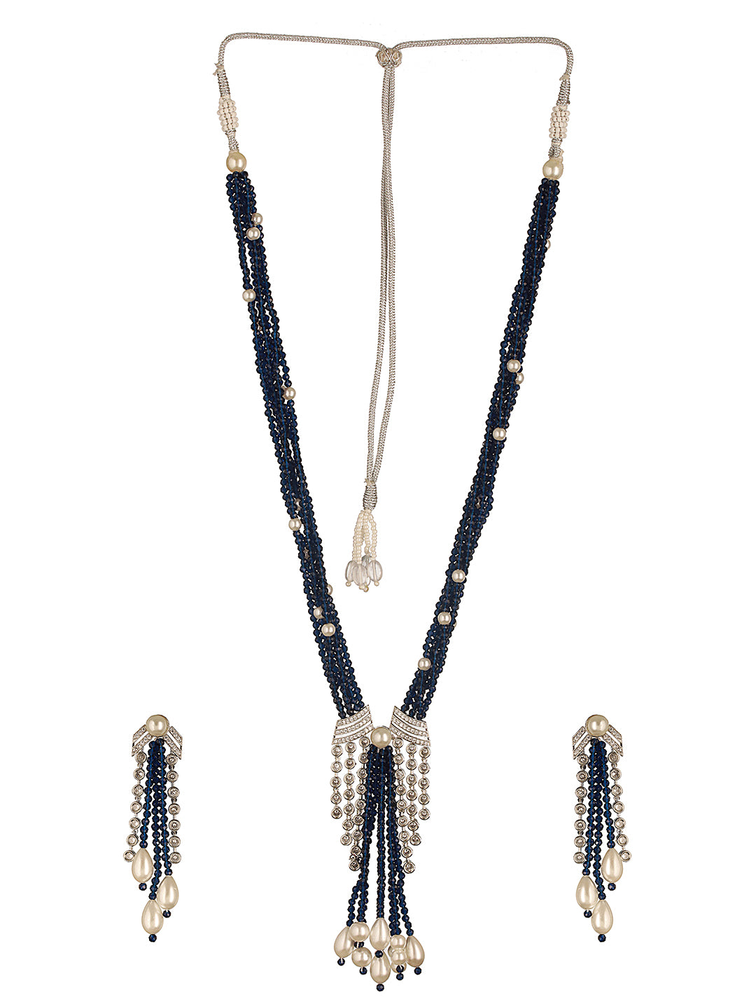 Silver Rhodium Plated Blue & White Pearls Multilayered Designer Maala Jewellery Set