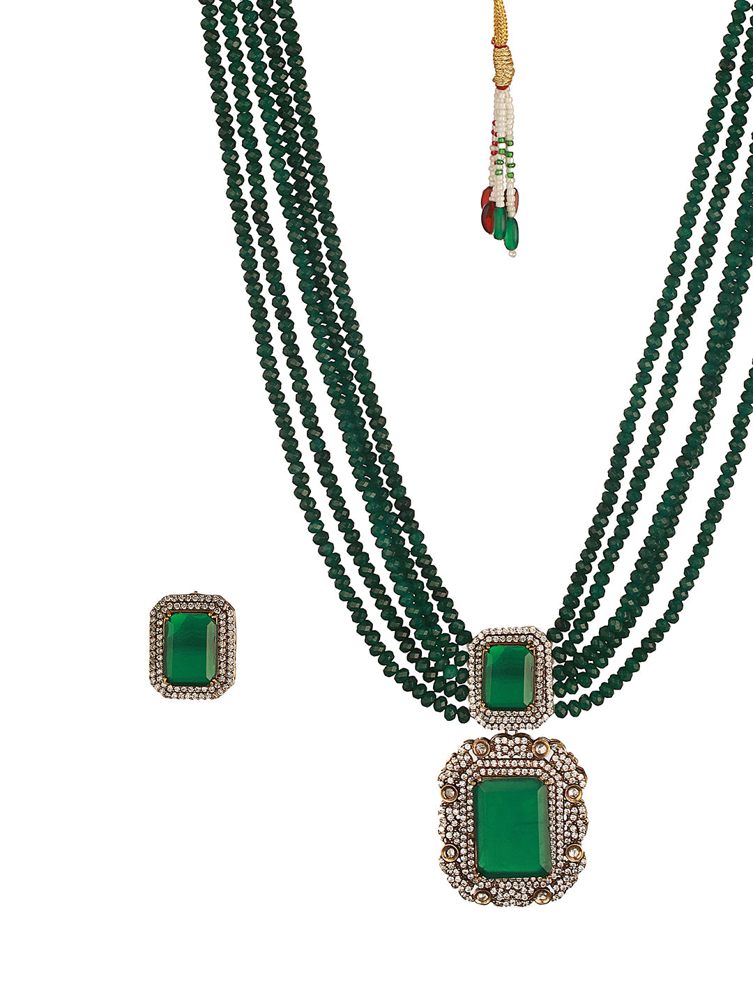 Silver Toned Kundan Studded Emerald  Onyx Multilayered Designer Maala Pendant  Jewellery Set