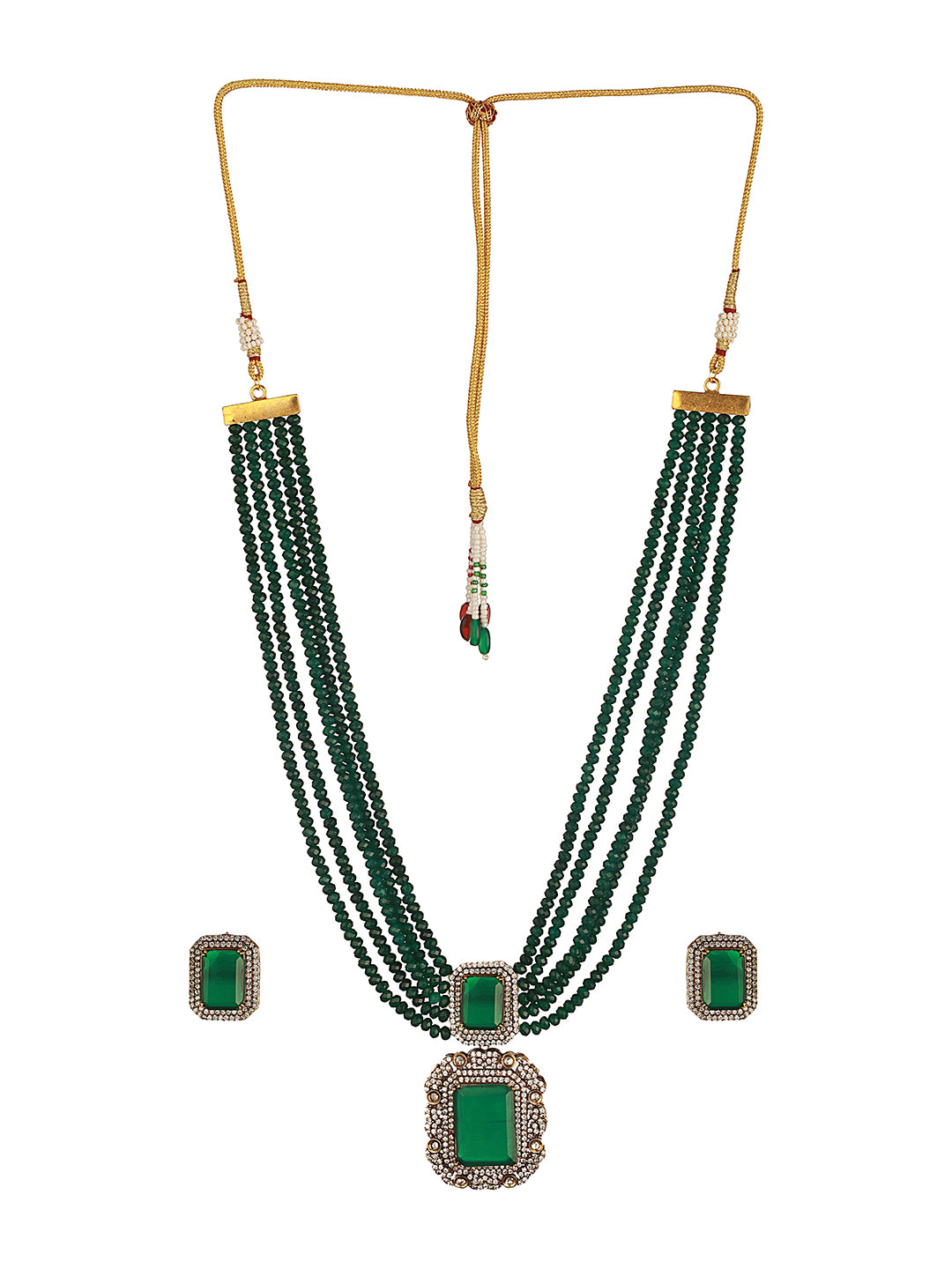 Silver Toned Kundan Studded Emerald  Onyx Multilayered Designer Maala Pendant  Jewellery Set