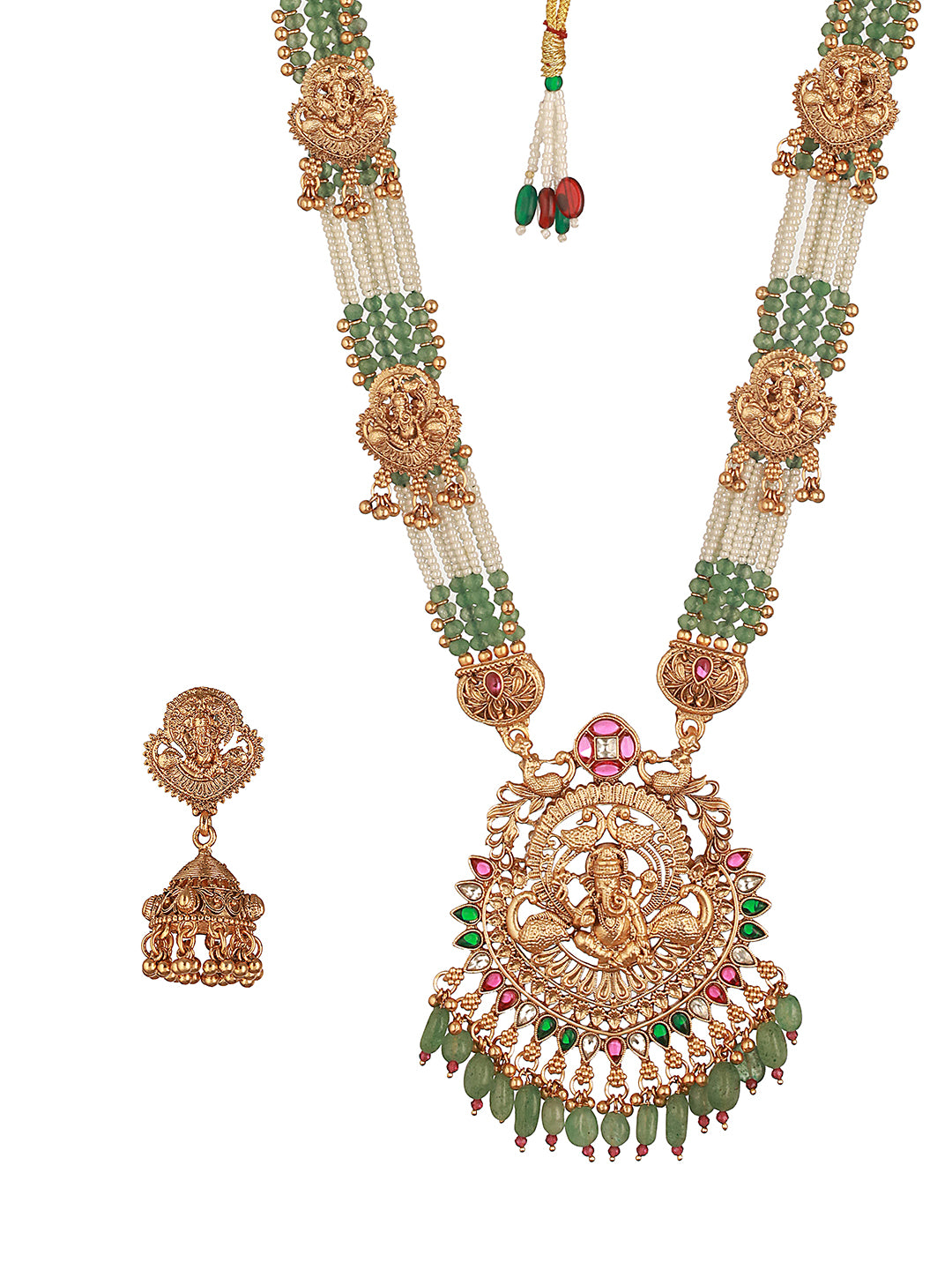 Gold Plated Green Pearl Beaded Ganesha  Motif Long haram Temple Jeellery Set