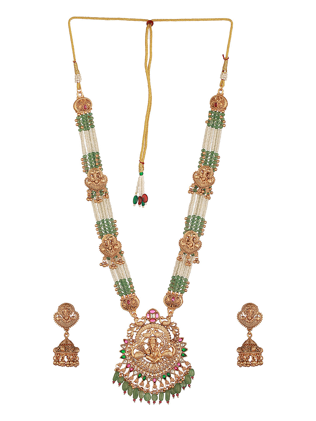 Gold Plated Green Pearl Beaded Ganesha  Motif Long haram Temple Jeellery Set