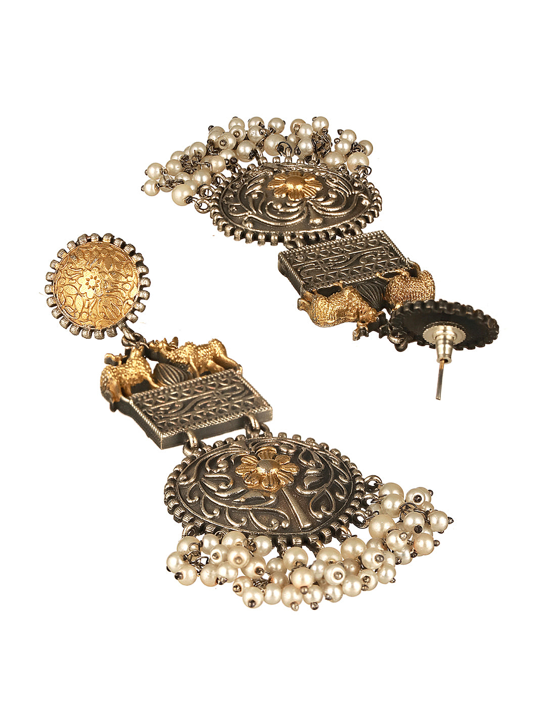 Silver Oxidised Dual Toned Deer Motif Tribal Dangler Chandbali Statement Earrings