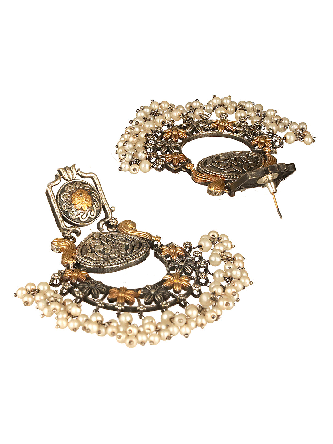 Silver Oxidised Dual Toned Pearl Beaded Floral Filigree Statement Chandbali Earrings