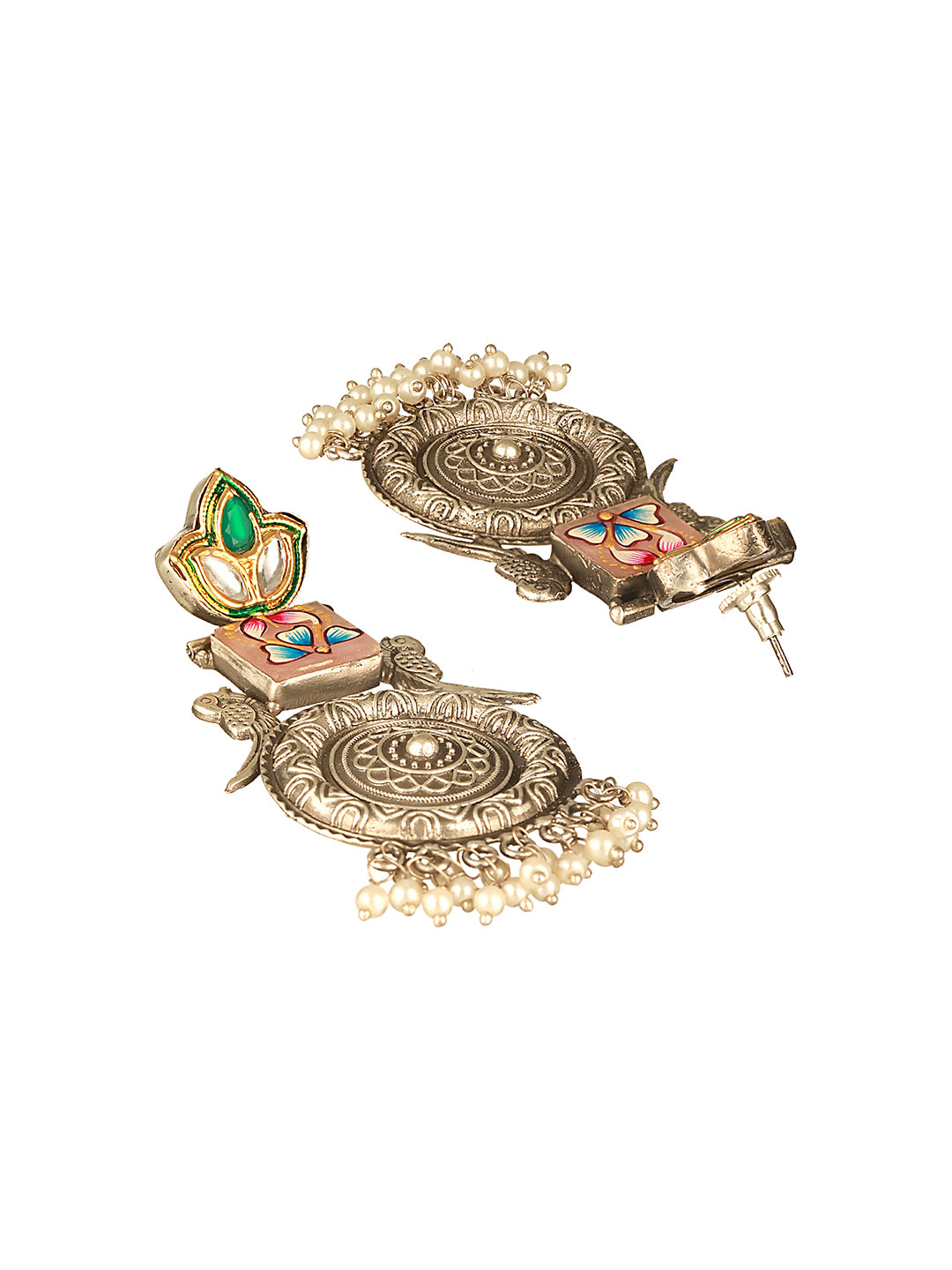 Silver Oxidised Kundan Studded & Enamelled Fusion Statement Long Earrings