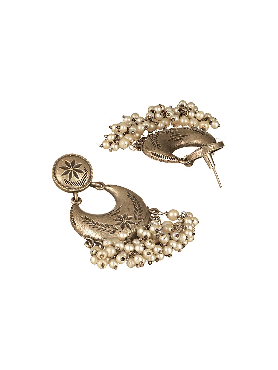 Oxidised Silver Lookalike Pearl Beaded Tribal  Lightweight Chandbali Earrings