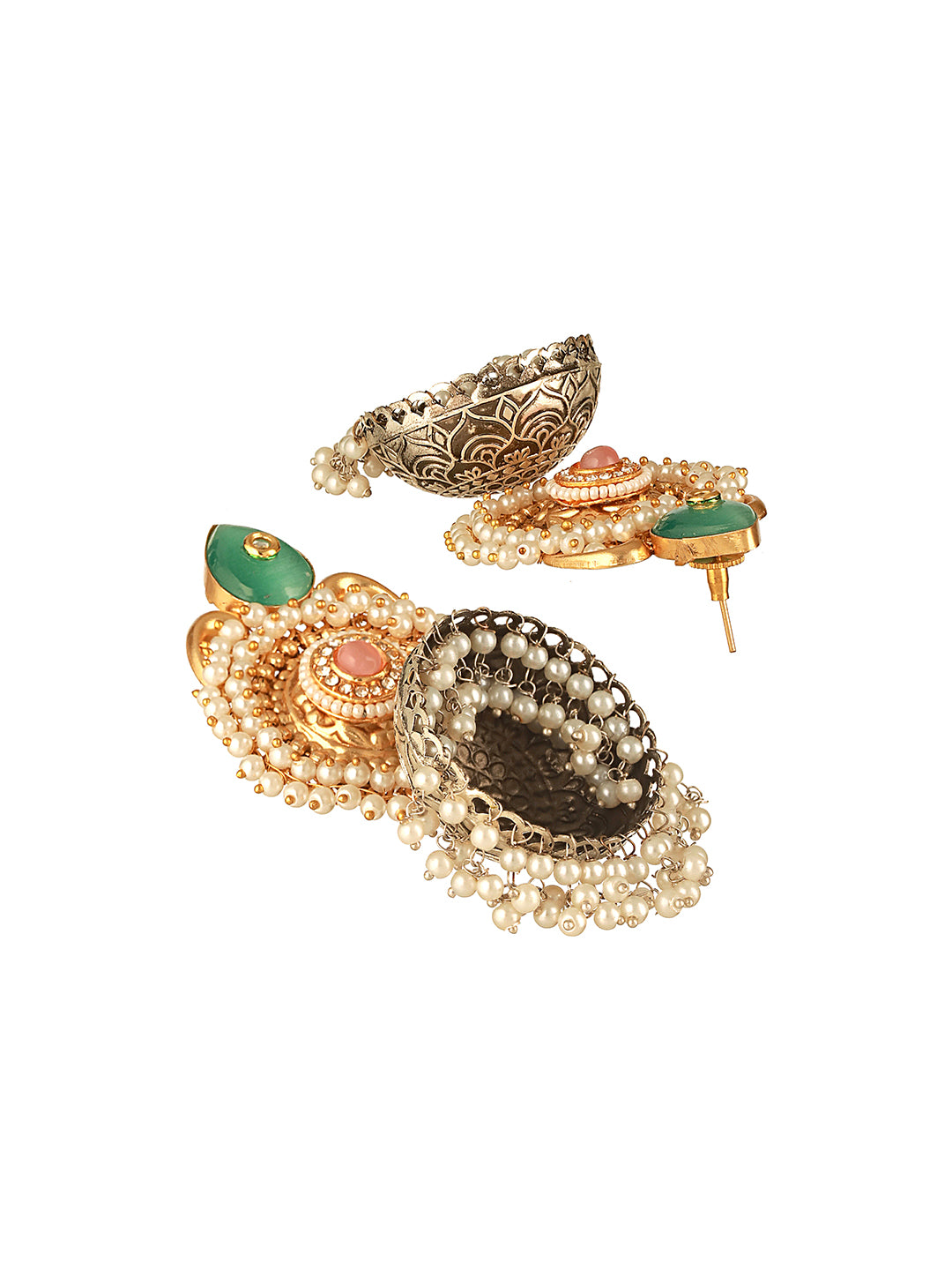 Dual Toned Gold & Oxidised Pearl Beaded Designer Lightweight Large Jhumka Earrings